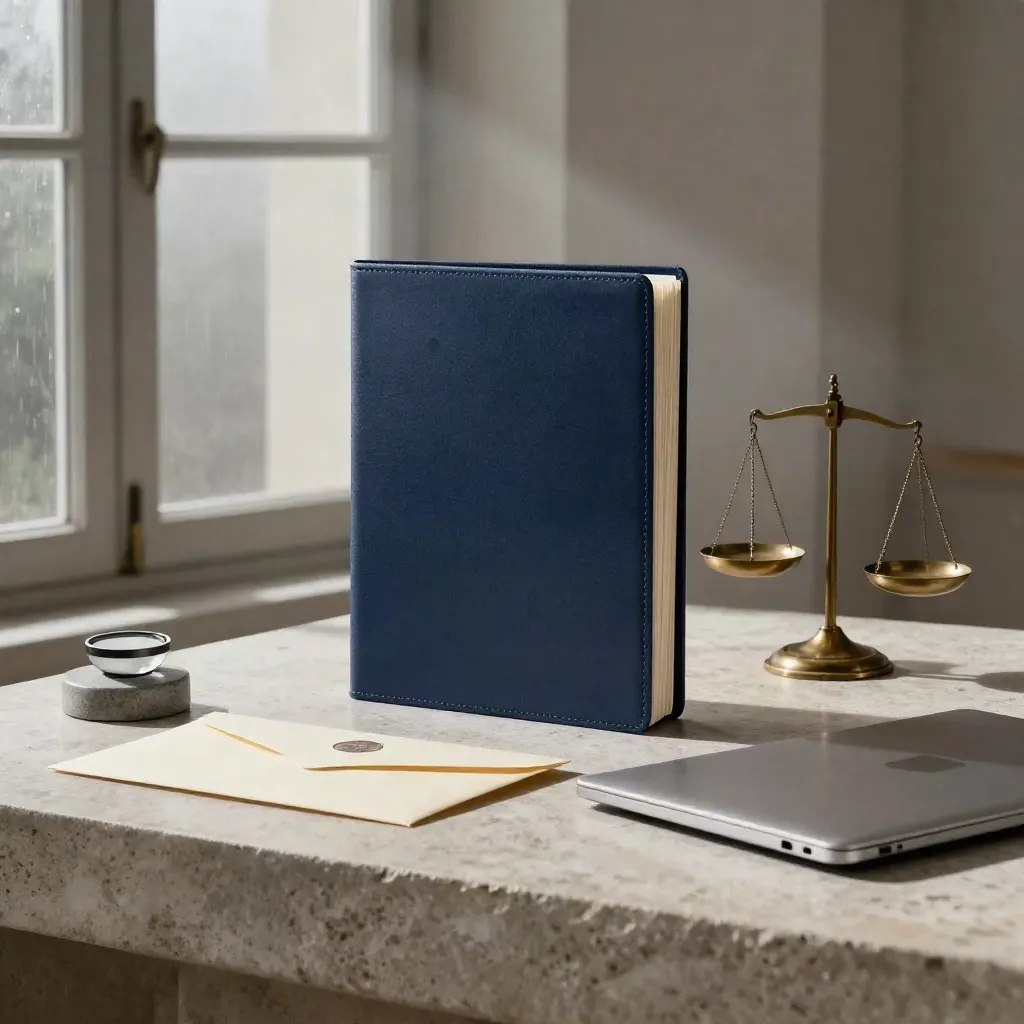 Cartella legale blu con bilancia, busta sigillata e laptop su pietra, luce drammatica.