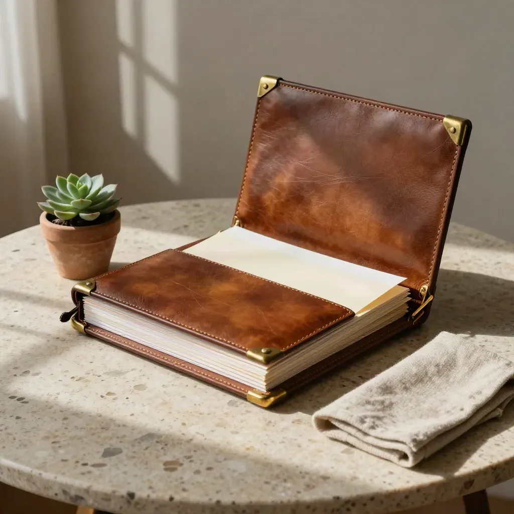 Portfolio legale in pelle con divisori sollevati e una piccola succulenta su tavolo in travertino.