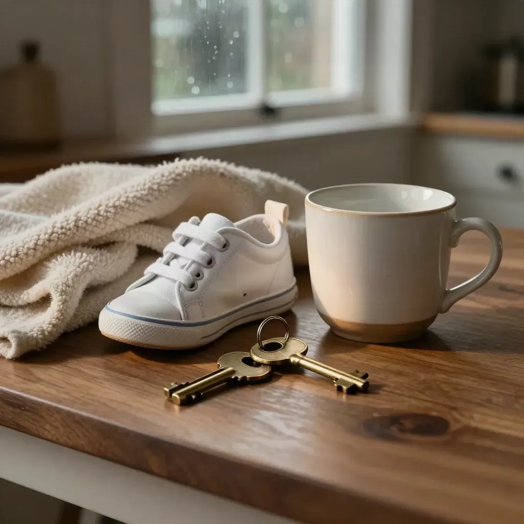 Chiavi di casa, scarpetta bimbo, coperta e tazza su tavolo di cucina, luce di pioggia.