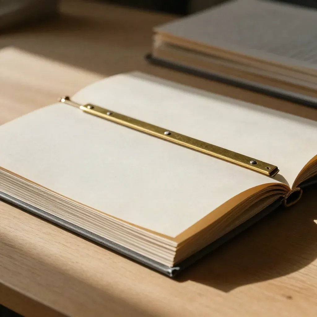 Fascicolo legale aperto con pagine annotate e dettagli dorati su legno chiaro