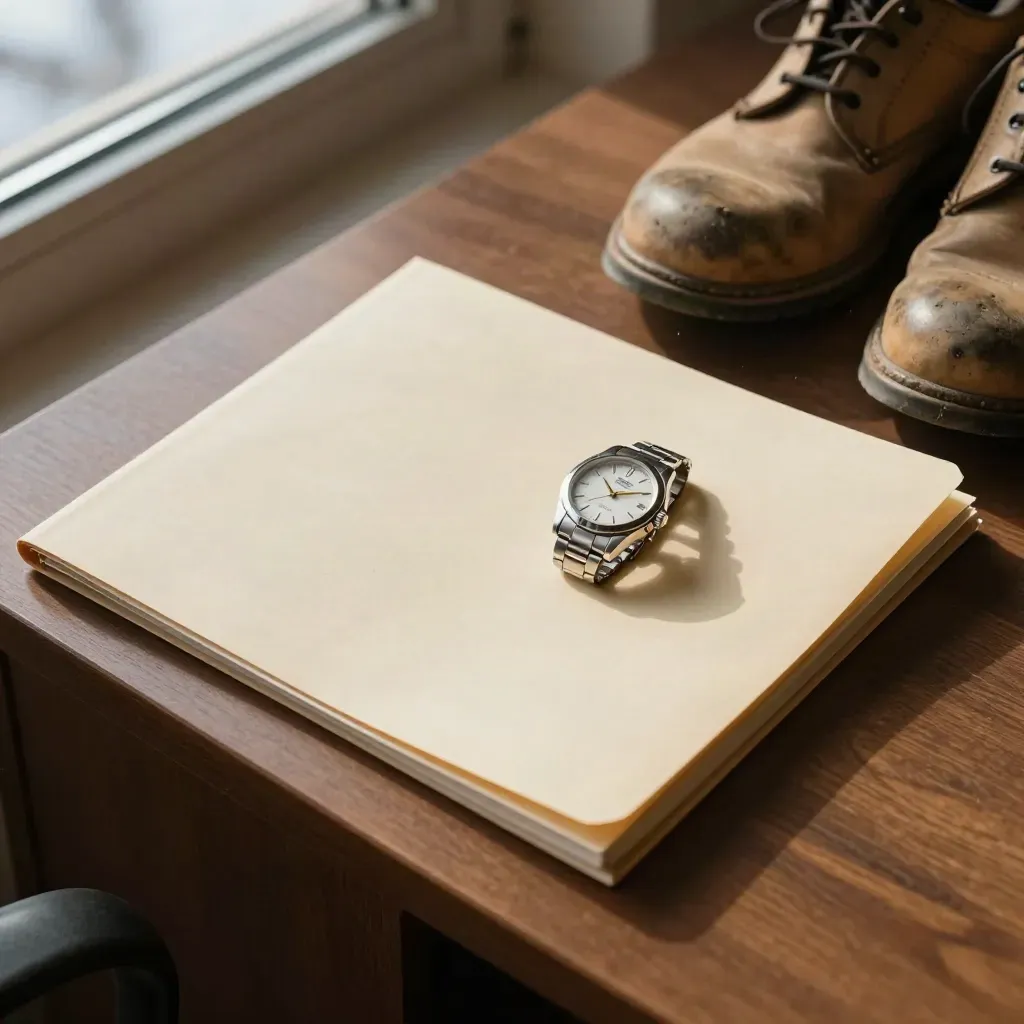 Cartella legale, orologio fermo e scarpe da lavoro accanto a una scrivania, luce invernale.