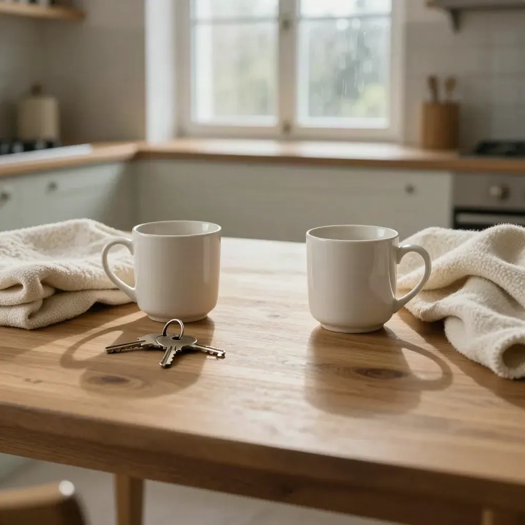 Tazze, chiavi e coperta piegata su un tavolo da cucina, luce morbida del mattino.