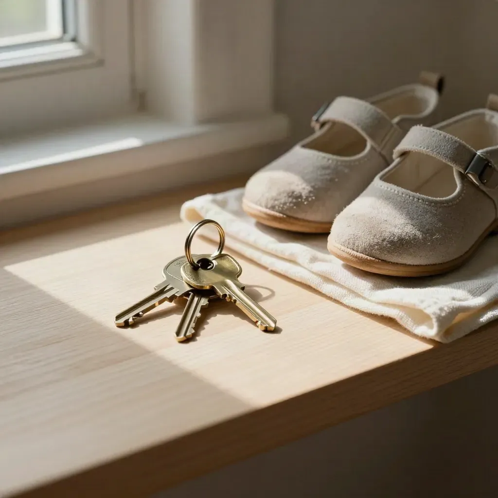 Chiavi di casa, scarpa da bambino e tessuto piegato su mensola di legno chiaro
