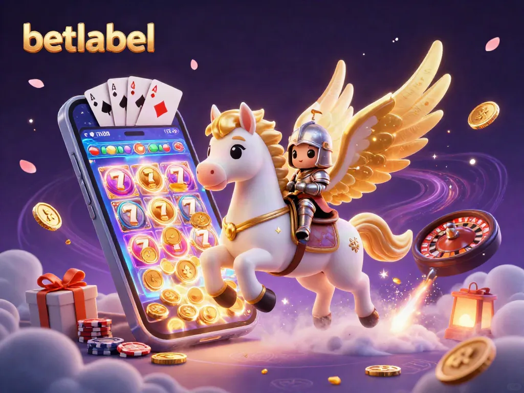 Experience the magic of betlabel with a knight and celestial horse amidst vibrant gambling elements.