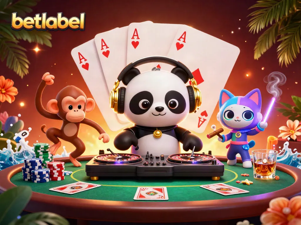 Experience vibrant gaming vibes at BetLabel casino with DJ panda, dancing monkey, and rave kitten.
